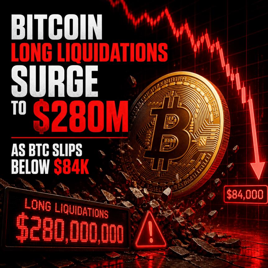 比特币长头寸清算额飙升至2.8亿美元，BTC跌破84,000美元