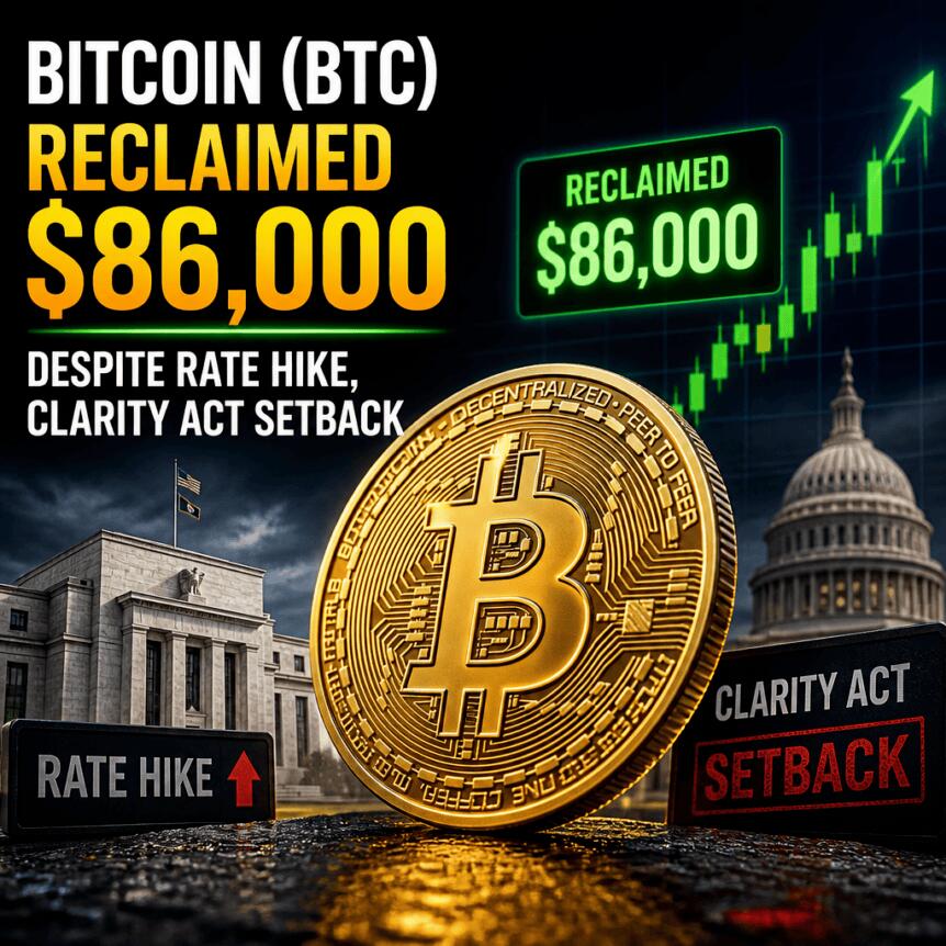 比特币（BTC）在加息和《Clarity法案》受挫背景下重新站稳86,000美元