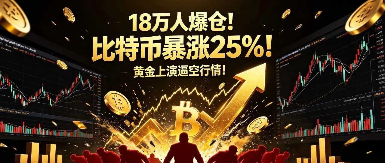 18万人爆仓！比特币暴涨25%  ！黄金上演逼空行情！