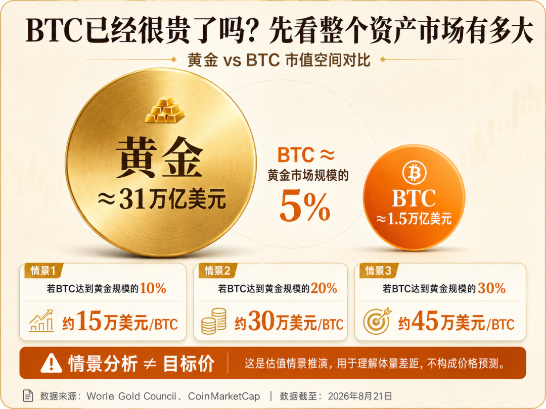 黄金与 BTC 市值规模的静态情景比较